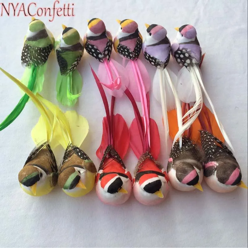 NYAC,12PCS,12*3*3.5CM 6Colors Mini Decorative Foam Feather Artificial Craft Birds With Clip/Magnet/Foot,DIY For Home Decor,Party