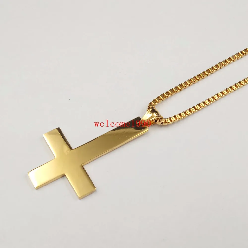 24inch Gold St Peter's Inverted Cross Pendant Necklace for Men Stainless Steel Choker Crux de Sanctus Petrus Box chain