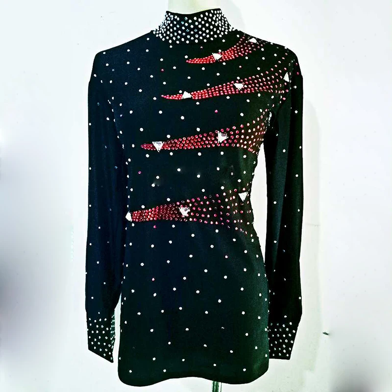 Latin Dance Shirts Men Black Long Sleeve Sequin Diamond Tops Male Ballroom Shirt Competition Performance Wear Customize DN2370