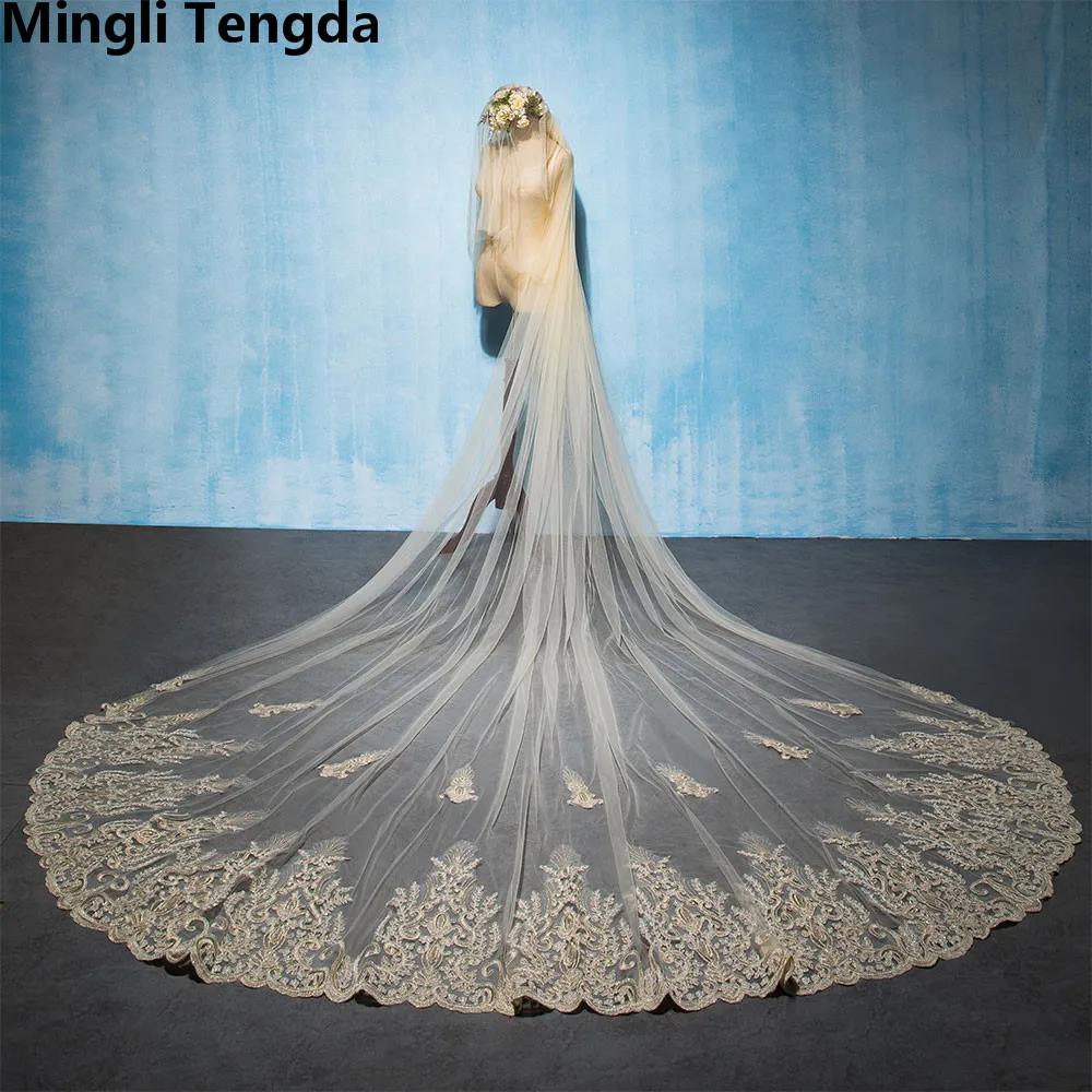 

Mingli Tengda 3.5 M Long Champagne Lace Bridal Veils Tiara Superb Fairy Wedding Veil Cover Face Two Layers Cathedral with Comb