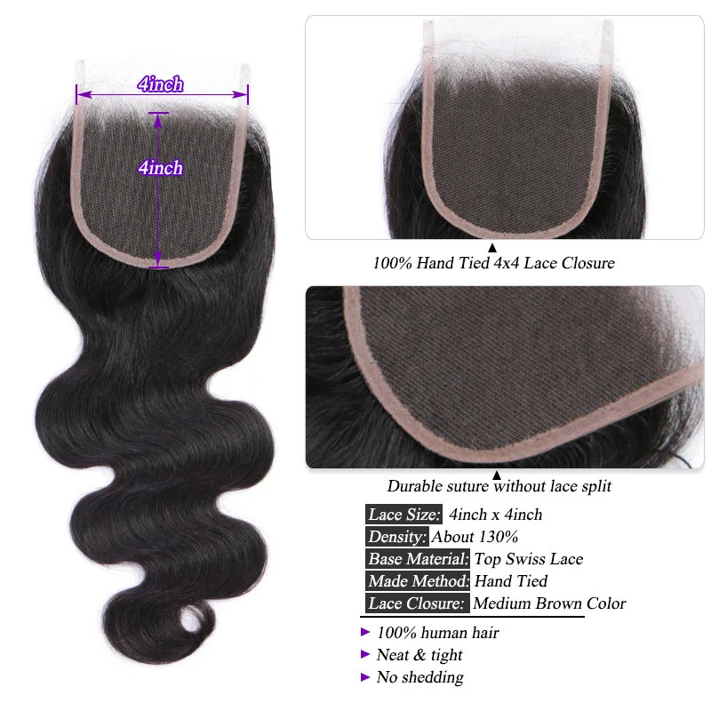 Queen Hair Official Store Malaysian Body Wave With Closure Bundles with Lace Closure Virgin Human Raw Hair Weave