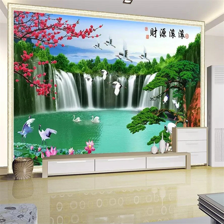 beibehang Customized large wallpaper 3D financial source welcomes the pine mountain water plum landscape painting 3d wallpaper