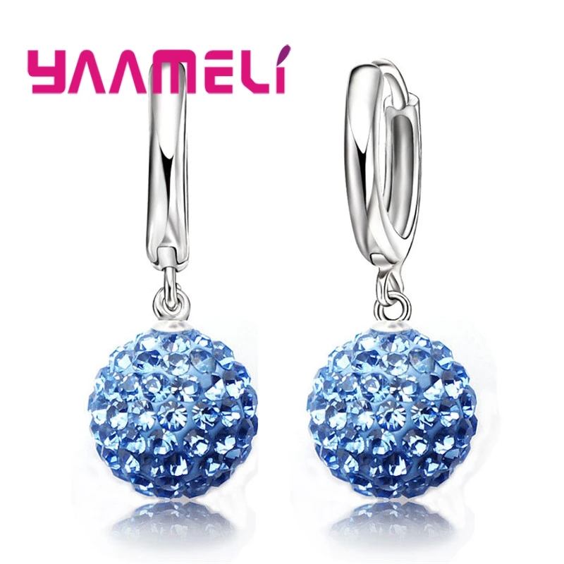 Hot Sale 925 Sterling Silver Earrings Austrian Crystal Pave Disco Ball Hoop Lever Back Huggie Pendientes Women Girls Jewelry