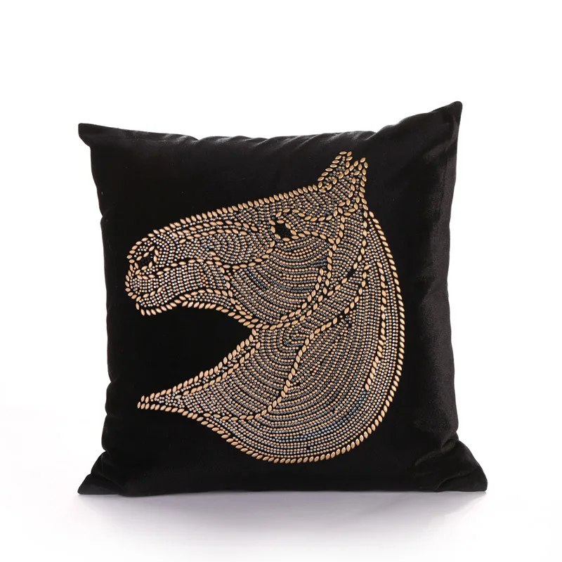 Big Horse Velvet Cushion Cover, Hot Fix, Rhinestone, Velvet Pillow, Bedding, Car, Sofa, Home, Room Decor, Wholesale, FG531