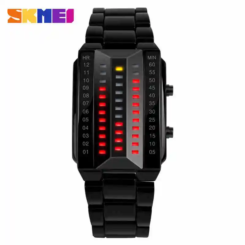 Luxury Men\'s Wristwatch Waterproof Men Fashion Stainless Steel Red Binary Luminous LED Electronic Display Sport Watches SKMEI