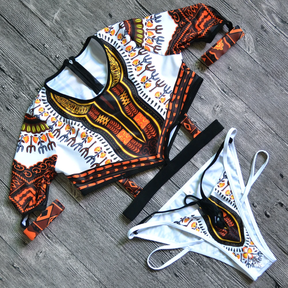 African Print Short Sleeve Bikini 2024 Women Swimsuit Female Swimwear Two pieces Bikini Set High Cut Bather Bathing Suit Swim