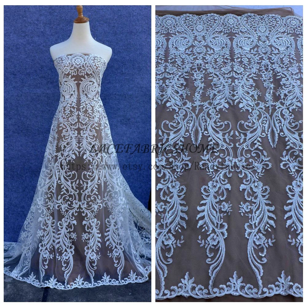 La Belleza  Fashion style pattern Off whtie cord sequins on net wedding dress lace fabric 51'' width by yard