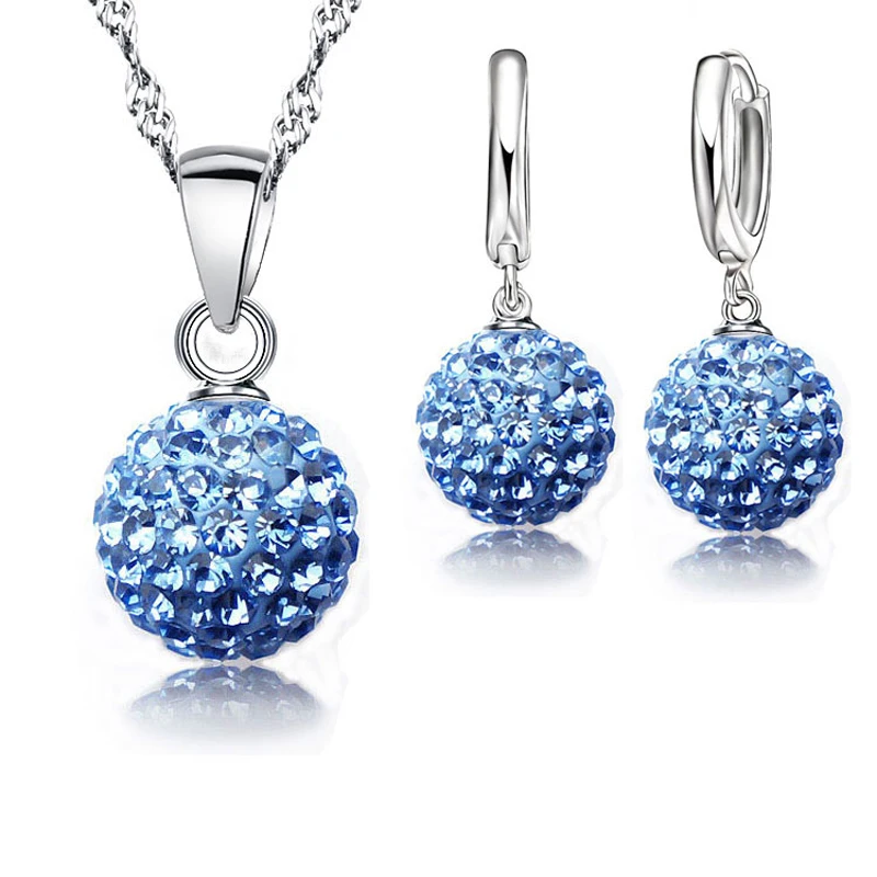 Jewelry Sets 925 Silver Color Rhinstone CZ Crystal Disco Ball Pendant Necklace Earrings For Women Gift Wedding  Accessories