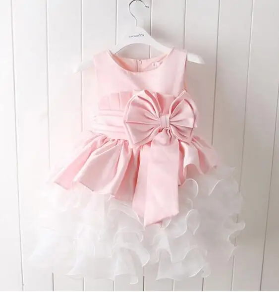 Formal Girl Wedding Dress Pink Tulle Infant Baby Girl Christmas Gown Vestidos Big Bow Birthday Party Baptism Dress With Headwear