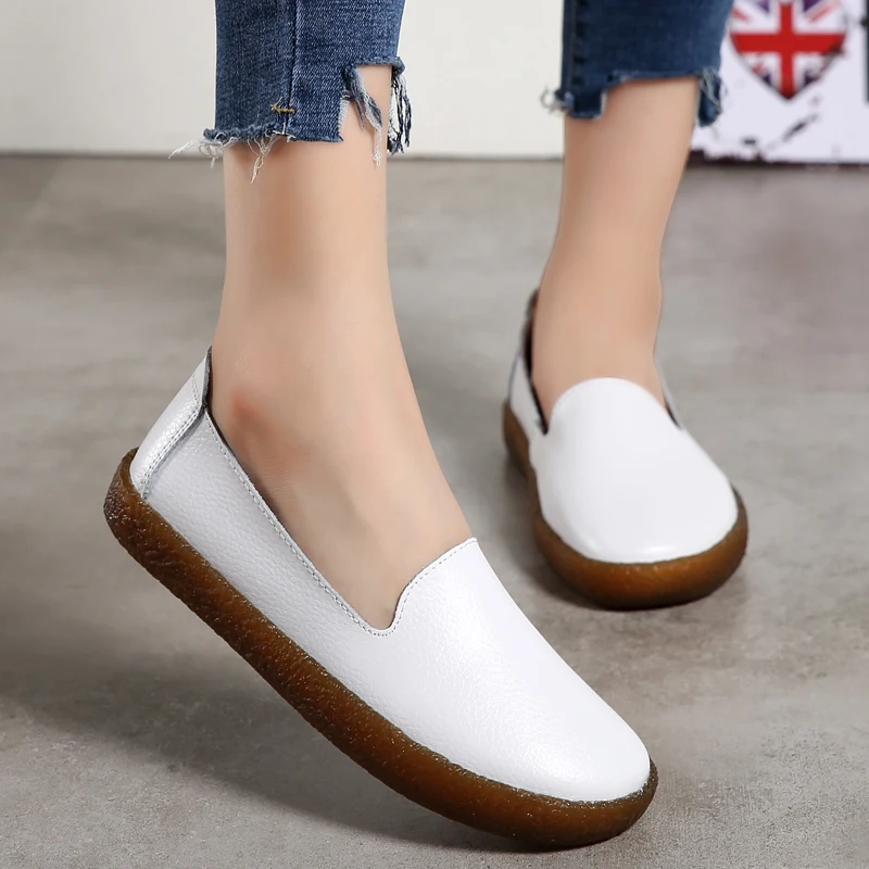 Autumn Flats Women Shoes Loafers Genuine Leather Women Flats Slip On Women\'s Loafers Female Moccasins Shoes Plus Size 35-43