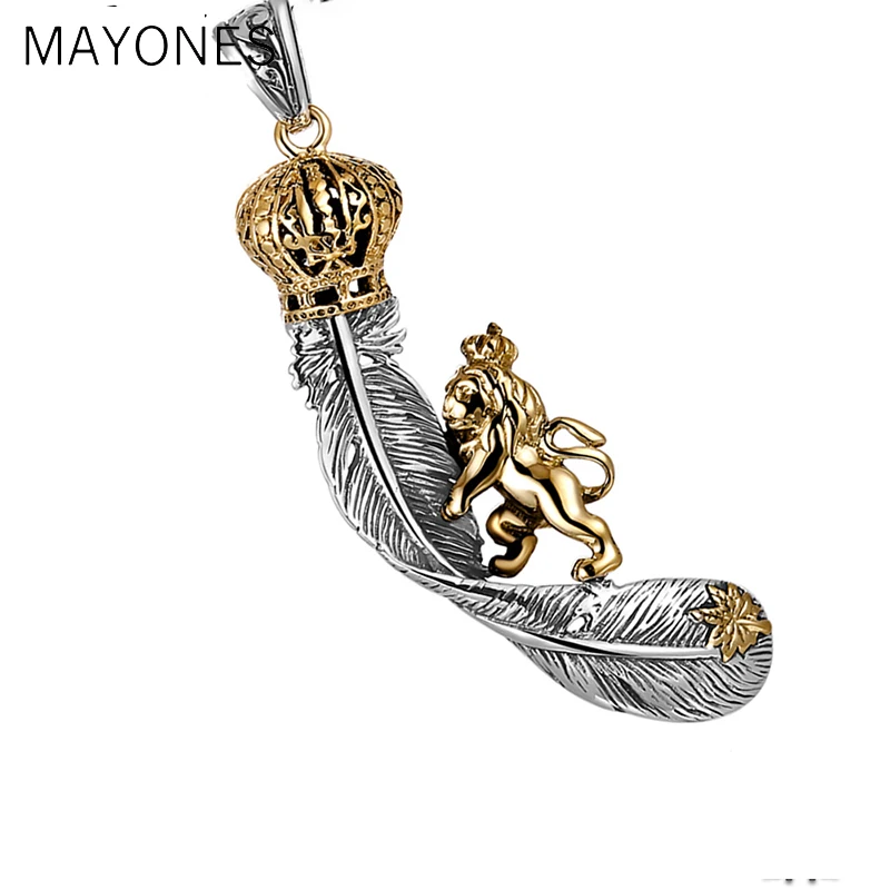 MAYONES Vintage Lion Climbing on Crown Feathers Pendant Solid 925 Sterling Silver Pendant for Necklace Unisex Punk Rock Jewelry