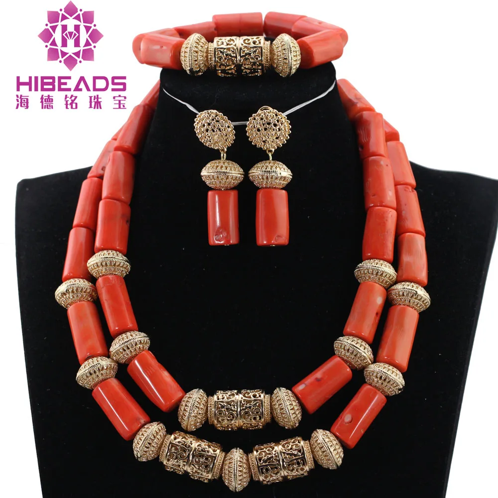 

Latest Design Chunky Natural Coral Beads Set Nigerian Wedding Earrings Necklace Bracelet 2017 Free Shipping ABH400