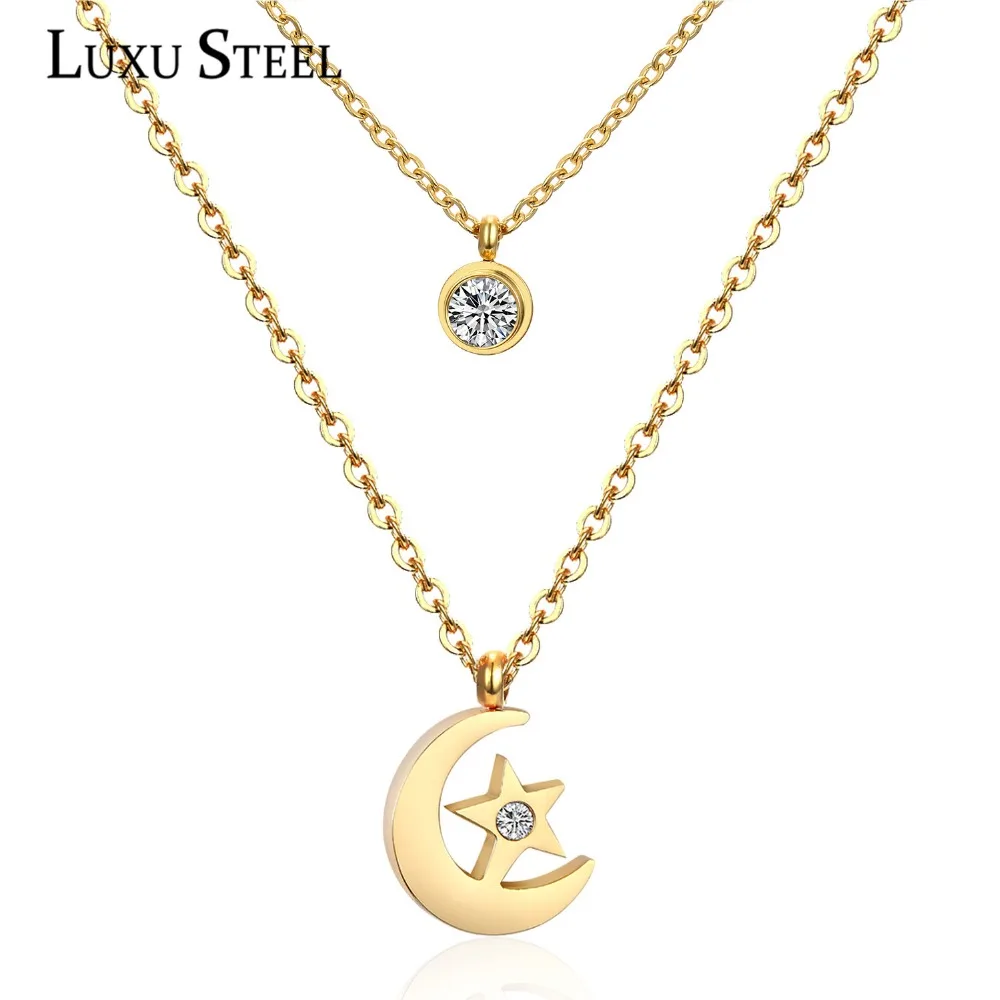 LUXUSTEEL Fashion Moon/Music Note/Fairy Shape Double Chain Necklace Steel Golden Color Charm Crystal Pendant Necklace Female