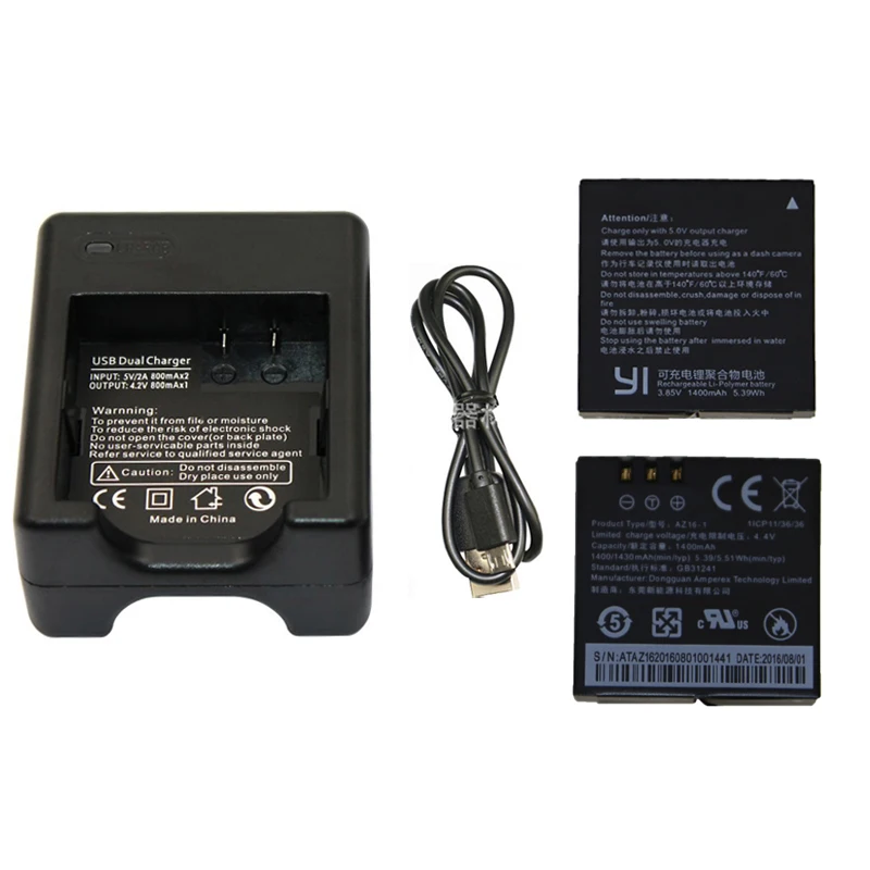 2 pz 1400 mah Per Xiaomi YI lite/YI 2/4 Kplus 4 k + Battery + USB Caricatore Doppio Per xiaomi Originale yi 4 k Accessori action camera