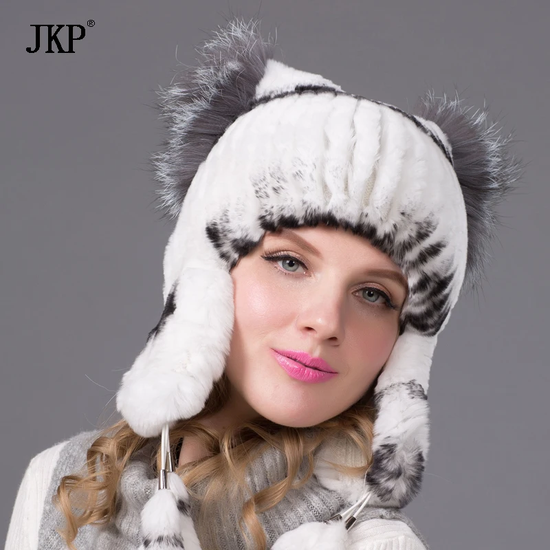 

Women Winter Fox Fur Hat Keep Warm Natural Rex Rabbit Fur Hat White Cute Casual Ear Protection Cap THY-35