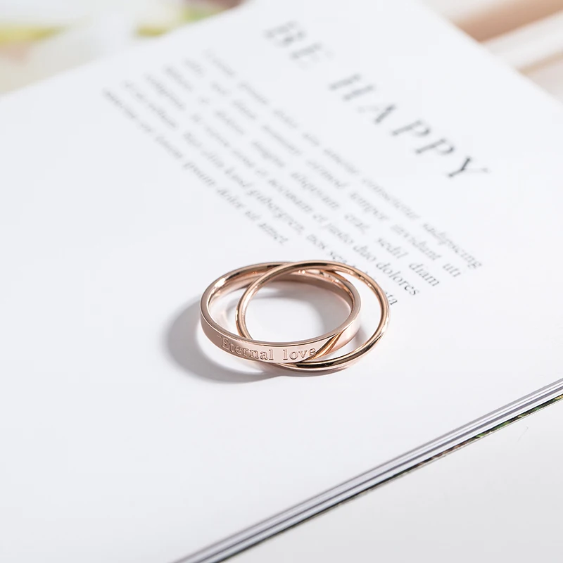 YUN RUO Letters Double Circle Ring Rose Gold Color Fashion Titanium Steel Jewelry Wedding Gift Woman Never Fade High Quality