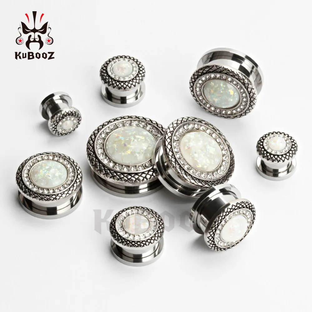 KUBOOZ Fashion Stainless Steel White Opal Border Ear Piercing Tunnels Plugs Gauges Body Jewelry Ear Expanders Stretchers 2PCS