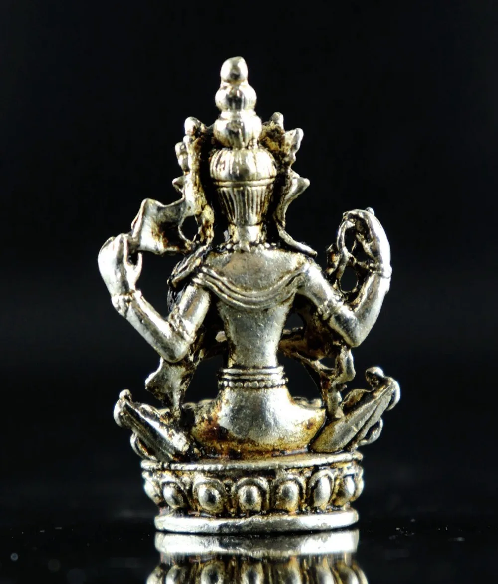 Old Tibet Silver Copper Carve Merciful Bodhisattva Bring Luck Amulet Statue