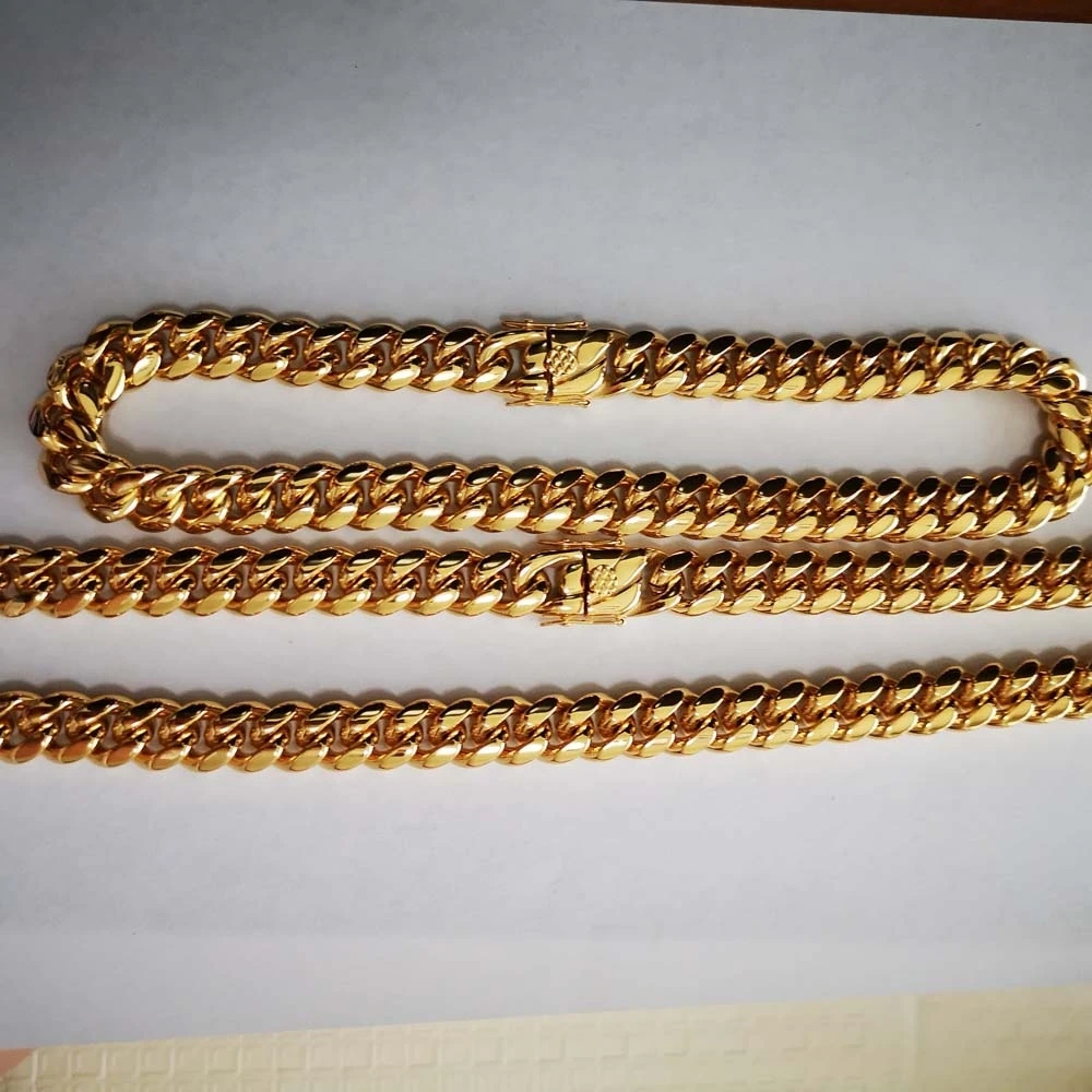 14mm Stainless Steel Miami Curb Cuban Chain Link Necklace Bracelet Boys Men 18K Gold Plated Hip Hop Dragon Lock Clasp Jewelry