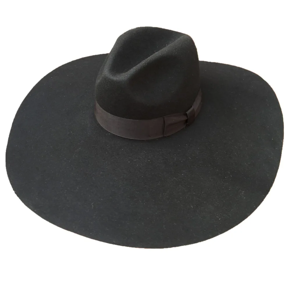 Black Wool Felt Soft  Extra Wide Large Brim Floppy Fedora Hat For Women 16cm