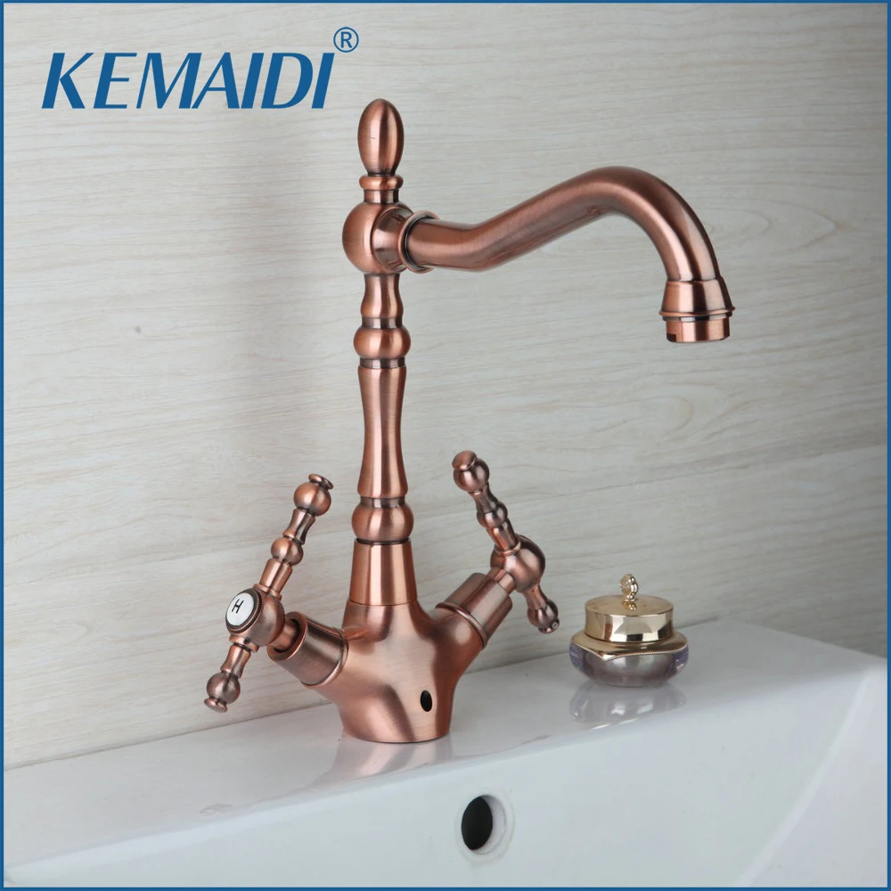 

KEMAIDI Kitchen Sink Faucet Swivel Basin Deck Mounted Double Handles Torneira Cozinha Tap Mixer Faucet Antique Copper Brass