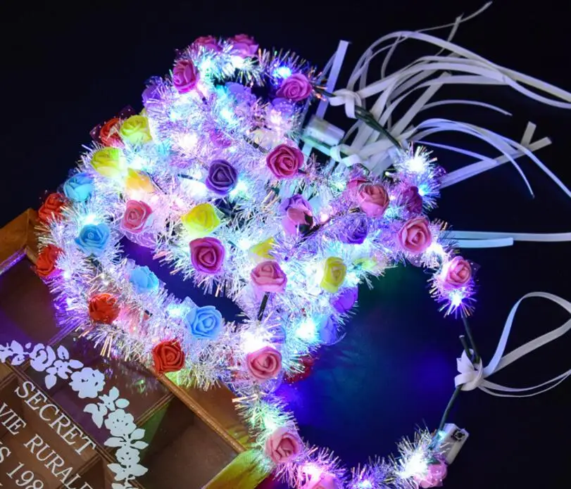 

Led Flower Wreath garland gold silk colorful headband LED lights ribbon rattan fairy headdress Festival Wedding Party gift hot