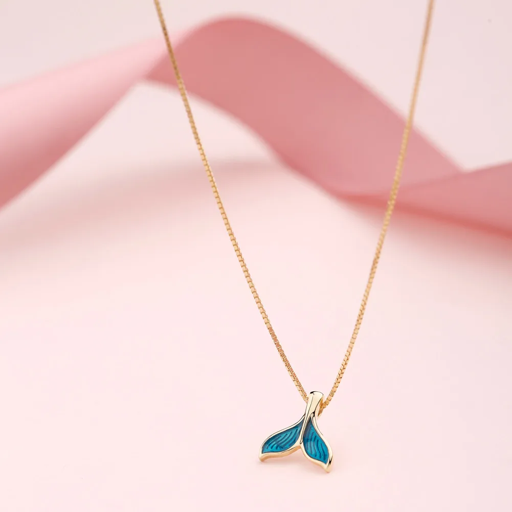 SA SILVERAGE Gold Color Plated Chain Link Necklace Real 925 Sterling Silver Blue Color Mermaid Tail Pendant Necklaces 925 Silver