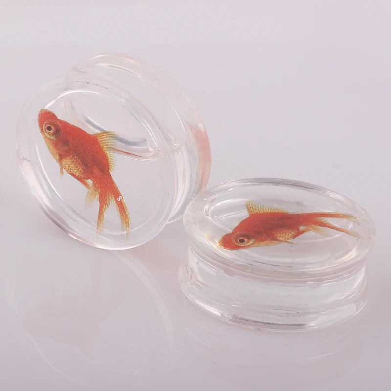 CLEAR ACRYLIC GOLDFISH FLESH PLUG TRANSPARENT SADDLE EAR TUNNEL LOBE STRETCHER 1 pair body jewelry piercing ear tunnel