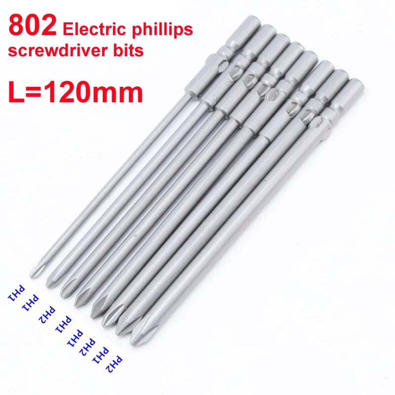 8pcs/lot 802 6mm Round Shank Magnetic Phillips Cross Electric PH2 PH1 Screwdriver bits 120mm length