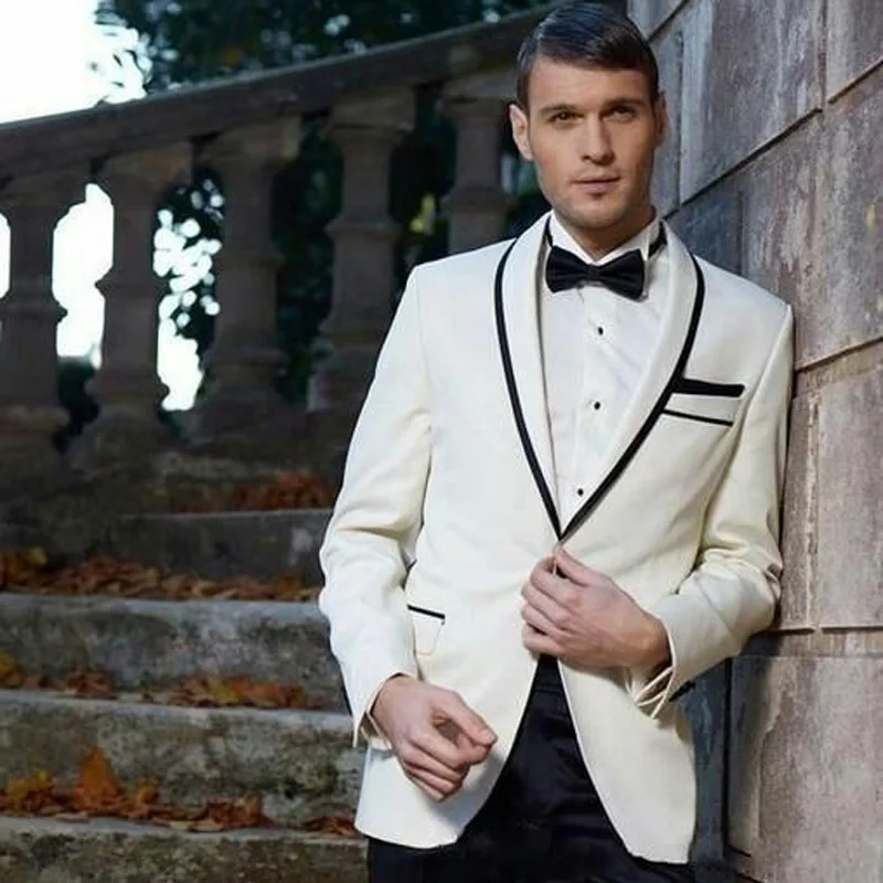 

Ivory Groom Tuxedos Mens Classic Suits for Wedding Slim Best Man Blazers Bridegroom Wear 2piece Black Pants Jacket Costume Homme