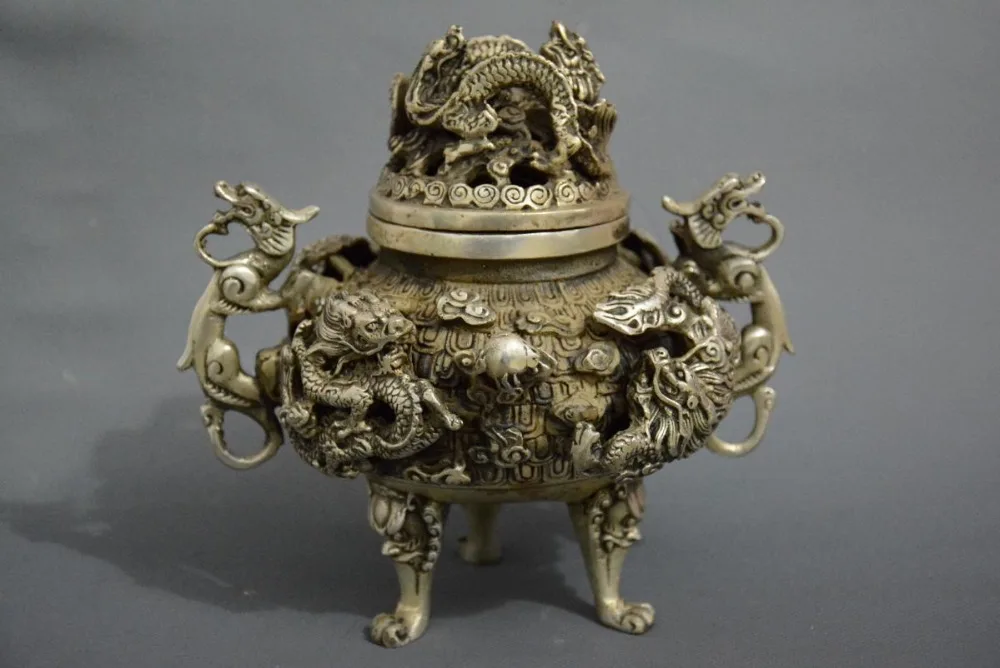 

Antique Old Chinese Qing dynasty silver censer,Ancient writing,Dragon, best collection & adornment, free shipping