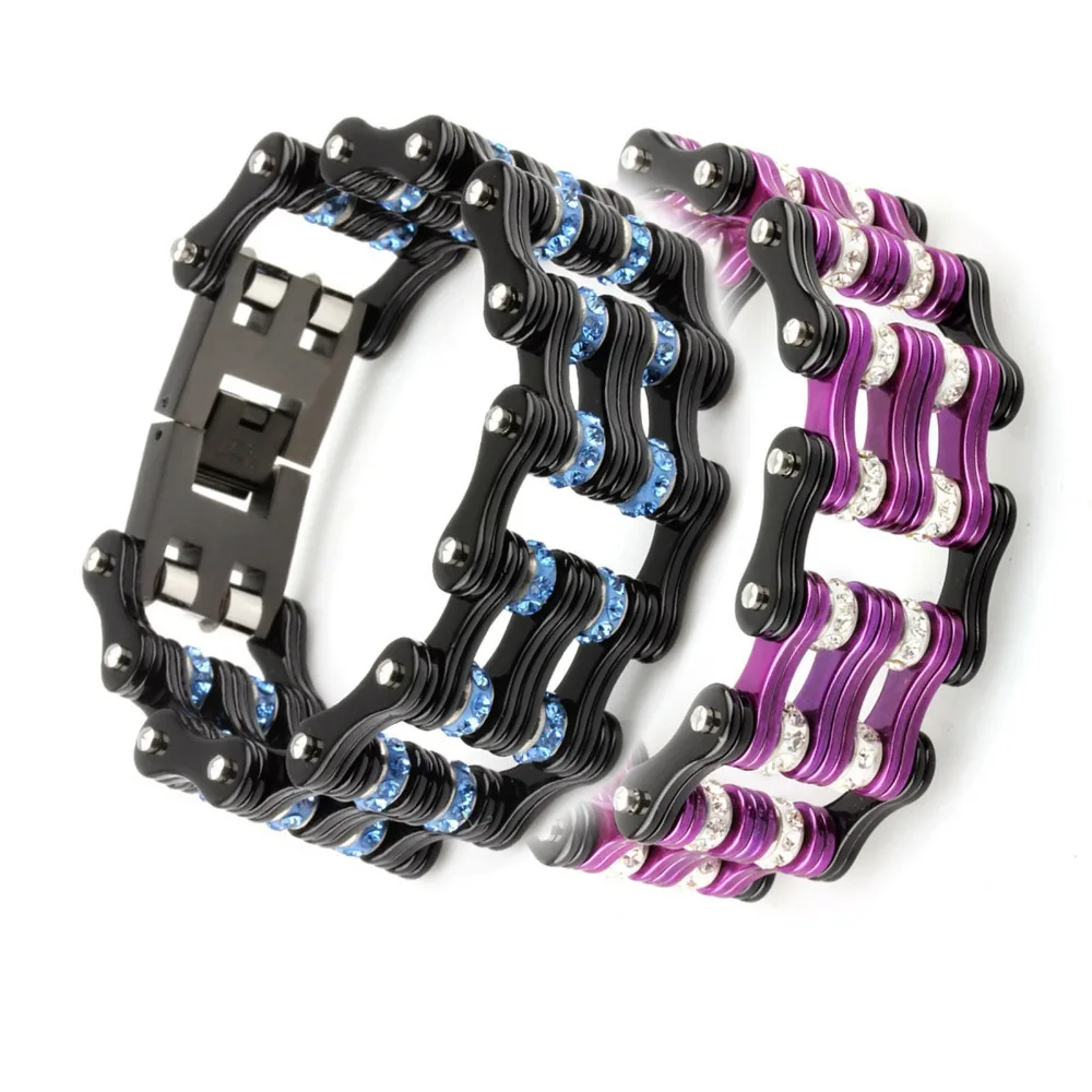 Cyclist Jewelry Unisex Double Row Biker Chain Bracelets Purple & Blue Stainless Steel Crystal Bicycle Motorcycle Chain Bracelets