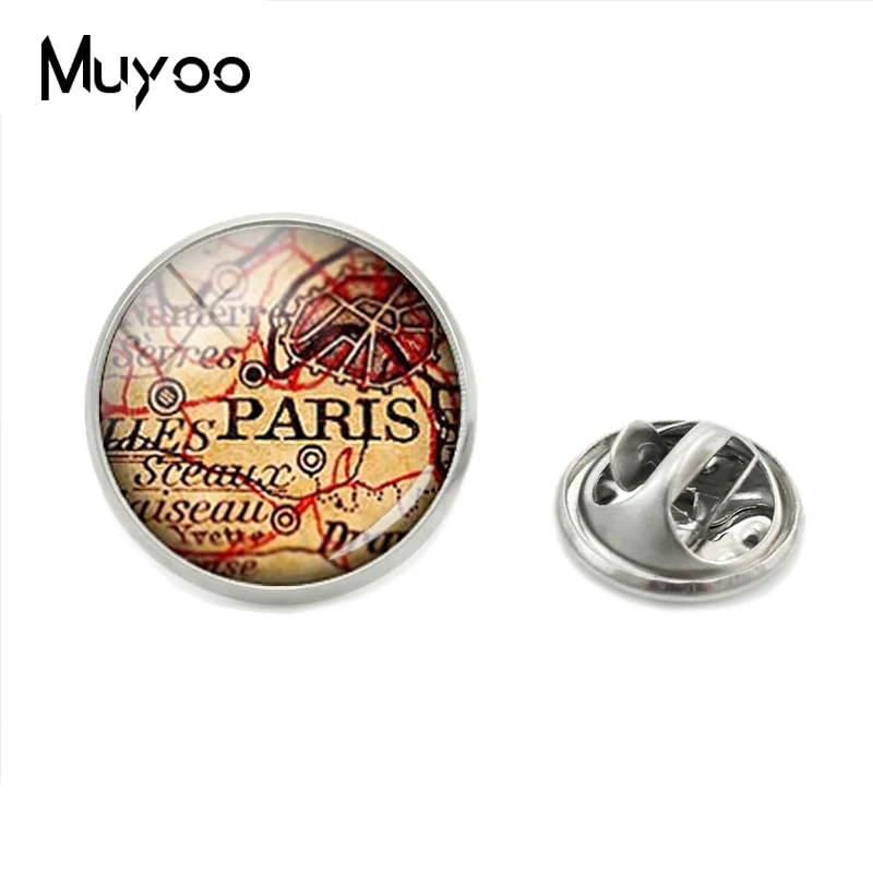 2019 New Vintage World City Maps Lapel Pins Paris London Maps Retro Style Glass Cabochon Jewelry Collar Pins for Men Gifts