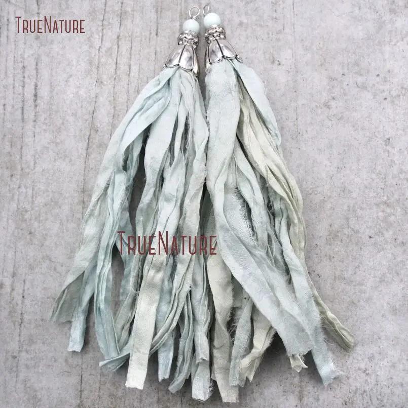 

Antique Silver Color Cap Pastel Turquoises Sari Silk Tassel Pendant Elegant Aqua Blue Hippie Style Boho In 6.8 inch PM9151