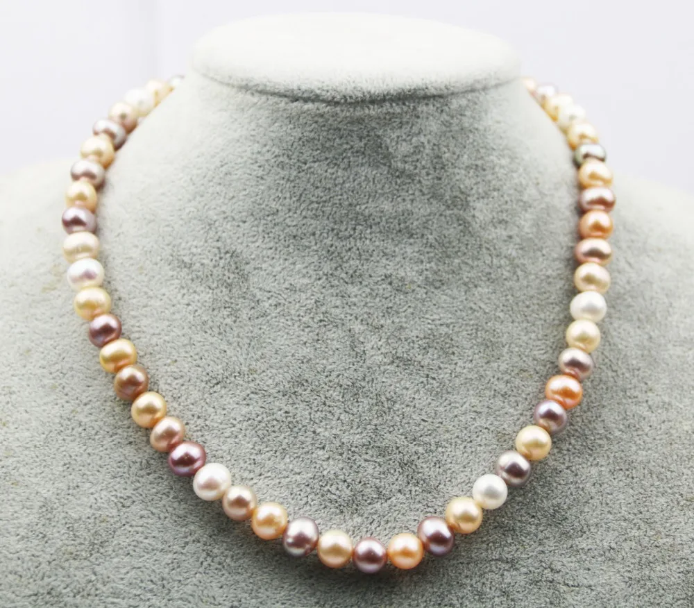 

MADALENA SARARA AAA Genuine Pearl Necklace 9-10mm Colorful Natural Freshwater Pearl Necklace 18" Handmade S925 Silver Clasp