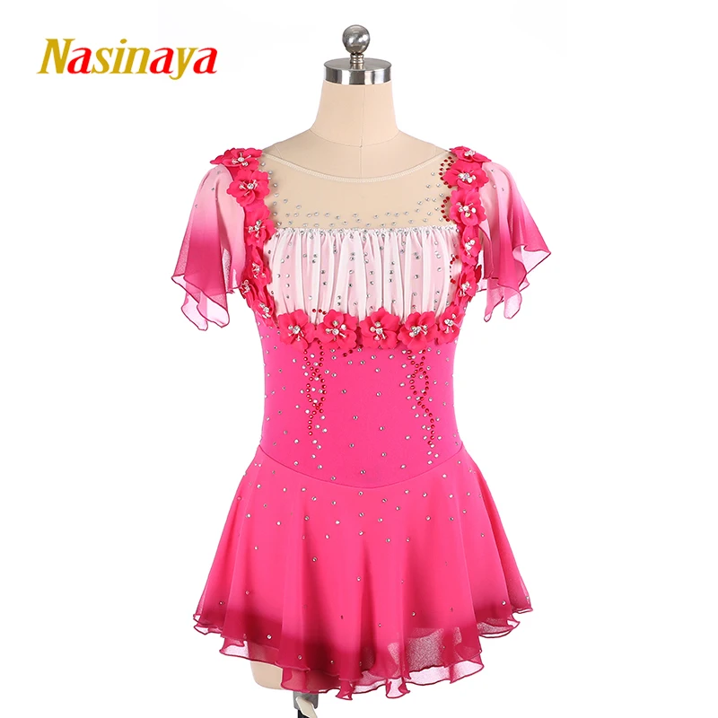 

Custom Woman Figure Skating Roller Skating Ballet Tights Dress Rose Red Short Sleeve Figure Skating Skirt