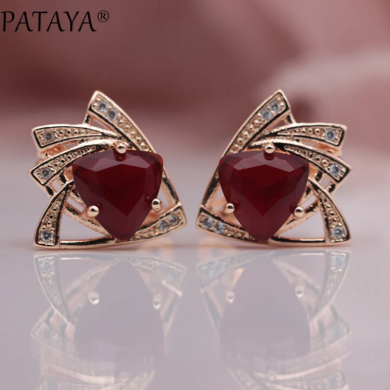 PATAYA New Blue Triangular Earrings 585 Rose Gold Color Multicolor Cubic Zircon Dangle Earrings Women Wedding Jewelry 9 Colors