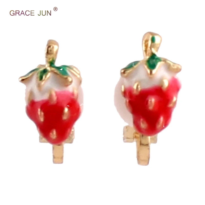 GRACE JUN Top Quality  Fashion Cute Gold Color Red Color Trawberry Shape Clip on Earrings No Pierced  Cushion Earrings Good Gift