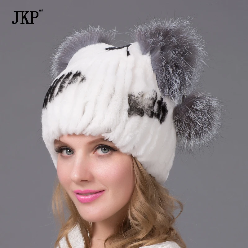 Women\'s Real Natural Rex Rabbit Knitted Winter Hat Warm Thick Fox Fur Ball Plush Cap Cute Stitching Female Header Gift THY-29