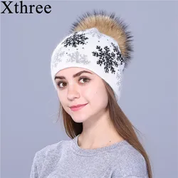 XTHREE natural mink pom poms wool rabbit fur knitted hat Christmas snow Skullies winter hat for women girls hat feminino