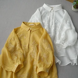 Spring Summer Women Casual Loose Plus Size Mori Girls Flower Embroidery Comfortable Basic Ramie Shirts/Blouses