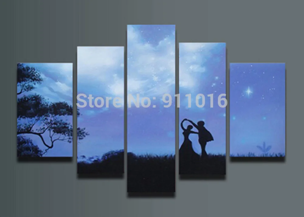 Handmade 5P Landscape Oil Paintings On Canvas Wall Art Romance Lover Scenery Night Scene Pictures For Living Room Decor