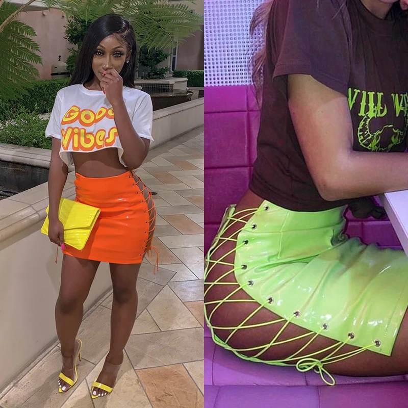 OMSJ 2024 Sexy Club Female Mini Pencil Skirt Women High Waist Lace Up Neon Green Orange Solid Bodycon Hollow Out Bandage Skirts