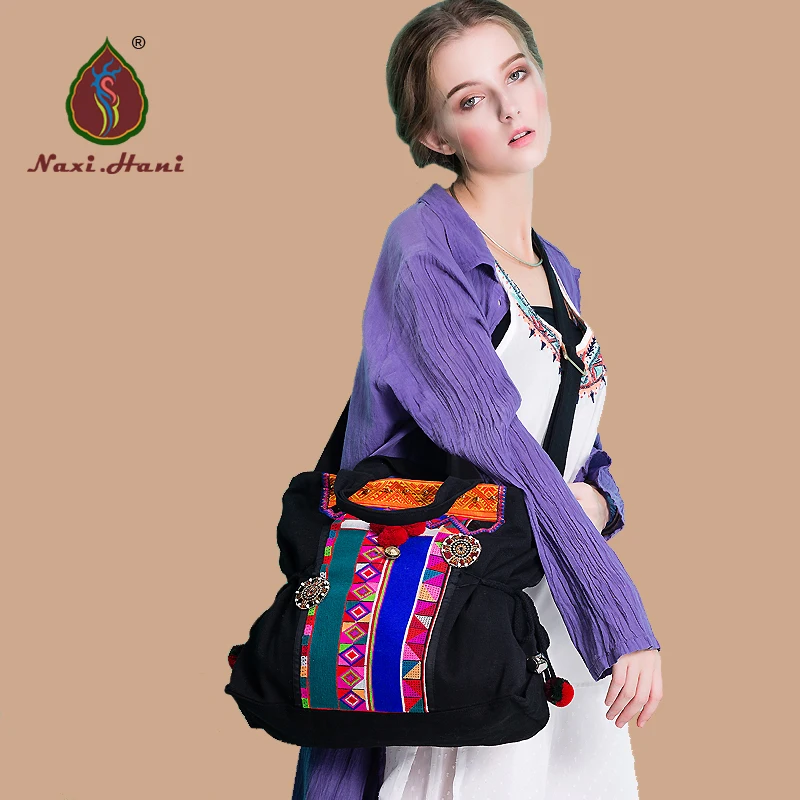 

Hot brand canvas Female bag Ethnic style embroidery bag vintage black trapeze bags shoulder messenger bags