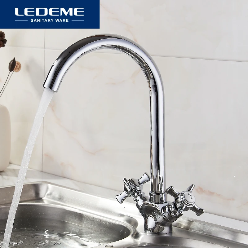 LEDEME Kitchen Faucet Chrome plated J Letter Design 360 Degree Rotation with Water Purification Features Double Handle L4311-2