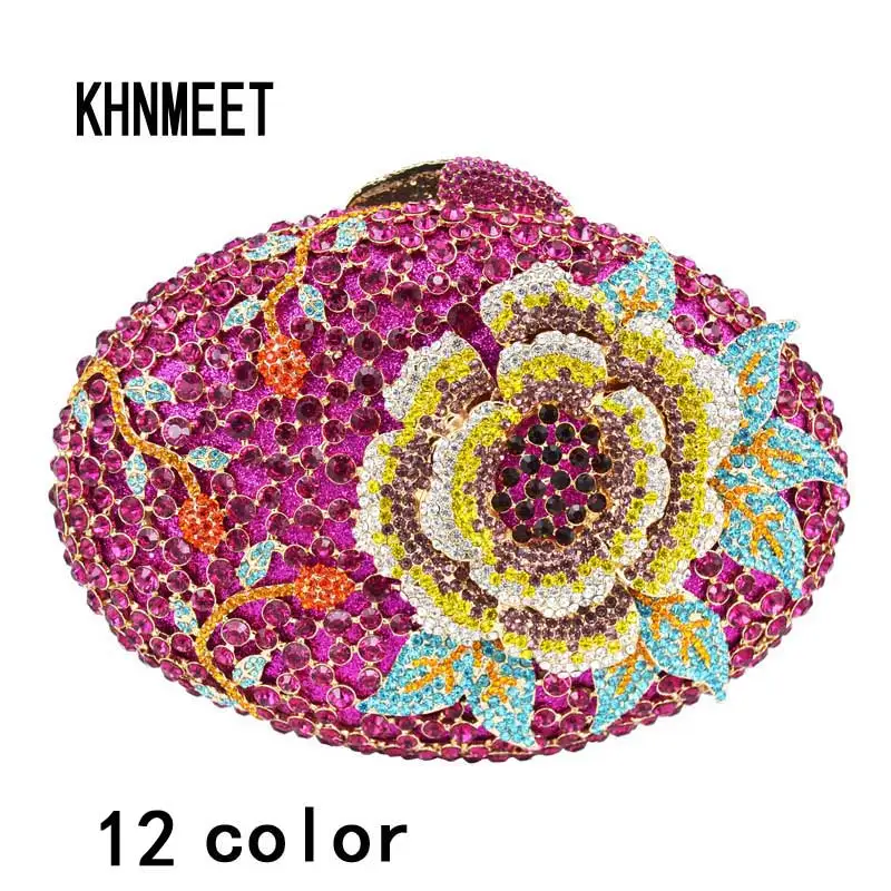 

KHNMEET Flower Crystal Feast Bag Fuschia Wedding Bride Purse banquet Party bag Women Floral Evening Bag Day Clutches SC492