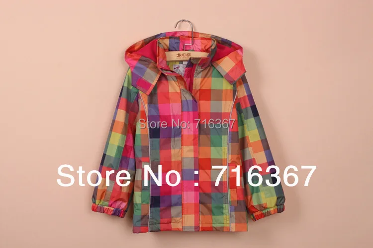 Free Shipping- kids/girls topolino hooded water resistance jacket w/ fleece lining, rainbow plaid Trench coat (MOQ: 1pc)