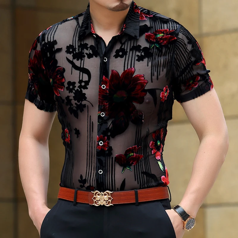 Mannen Bloemen Shirt Zomer See Through Kleding Mannelijke Sexy Transparante Clubwear Korte Mouw Streetwear Jurk Shirts