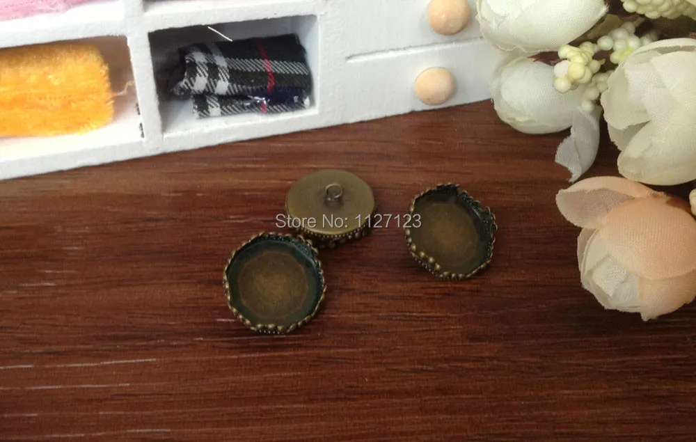 

Free shipping!!! 100pcs 15mm Brass button bezel with round crown edged cabochon/ cameos mountings