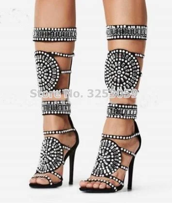 ALMUDENA Bling Bling Crystal Beaded Embellished Sandal Boots Strappy Jewelry Stiletto Heels Gladiator Long Sandals Stage Shoes